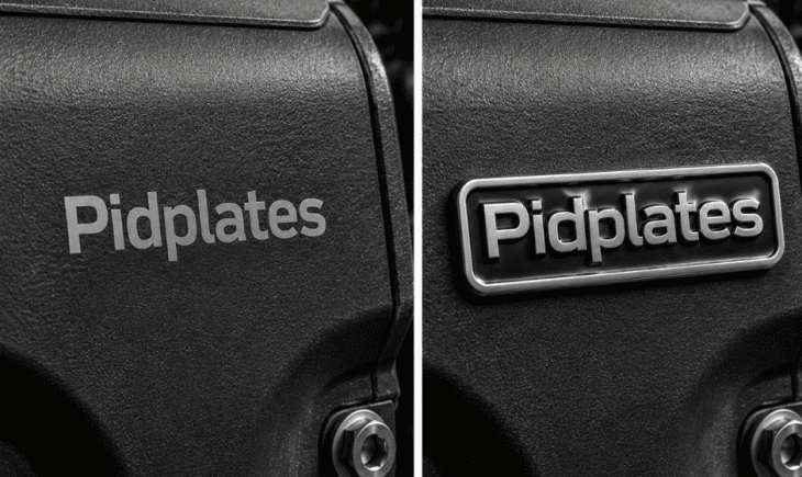 3D emblem integrated into product surface showing depth, shadow lines, and brand presence on industrial equipment