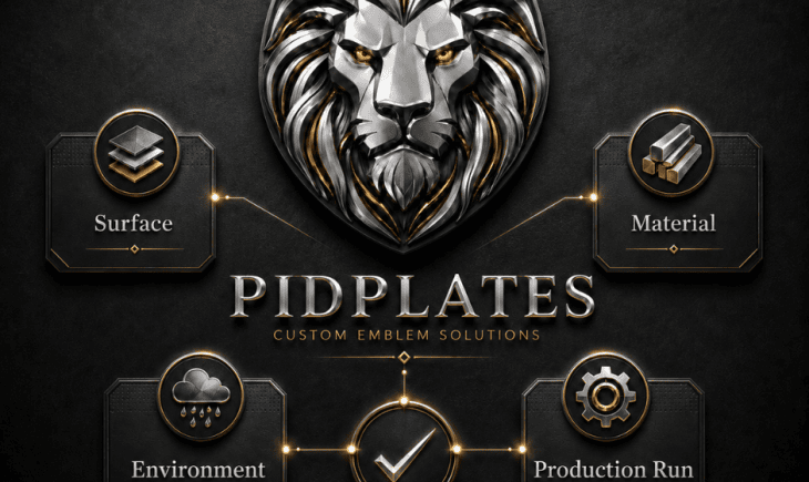 PidPlates USA explains how surface, material, environment, and production volume impact custom 3D emblems for industrial product branding.