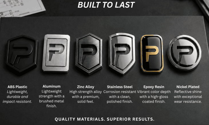 Custom 3D car emblems and metal badges by PidPlates by Mark, including chrome emblems, custom metal logos, raised decals, and OEM branding solutions.