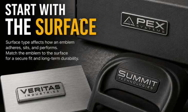 PidPlates custom 3D emblems designed for different product surfaces