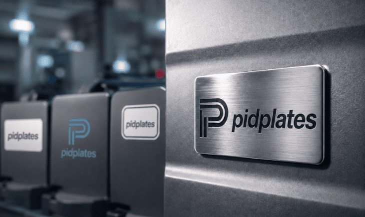 Premium industrial products comparing branding methods, including a custom 3D metal emblem by Pidplates, a printed label, a screen printed logo, and a standard decal.