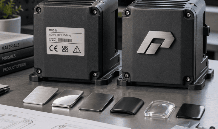 PIDPLATES custom 3D emblem and flat decal applied to industrial product housings, showing different branding and identification options for manufacturers.